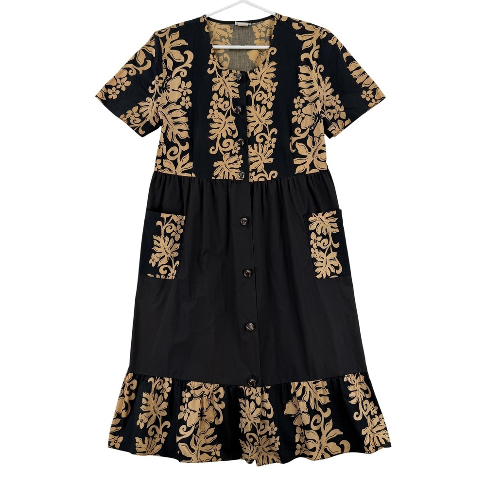 RM Hawaii Dress Womens Medium Black Floral Button Front Pockets Muumuu‎
